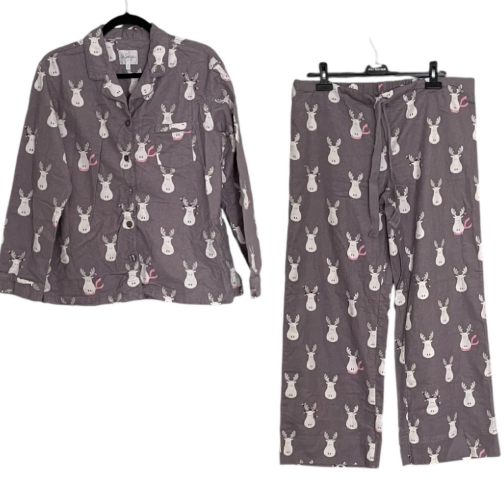 LA SENZA Holiday Flannel PJ’s 2 Piece Reindeer Cotton Grey White L